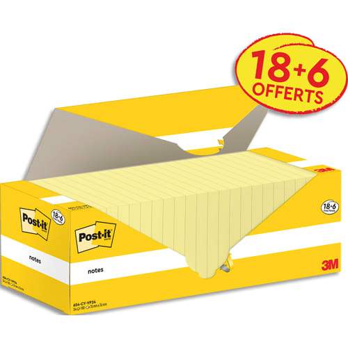 POST-IT Pack Avantage 24 blocs repositionnables de 100 feuilles 654. Format 76x76mm. Coloris Jaune photo du produit Principale L