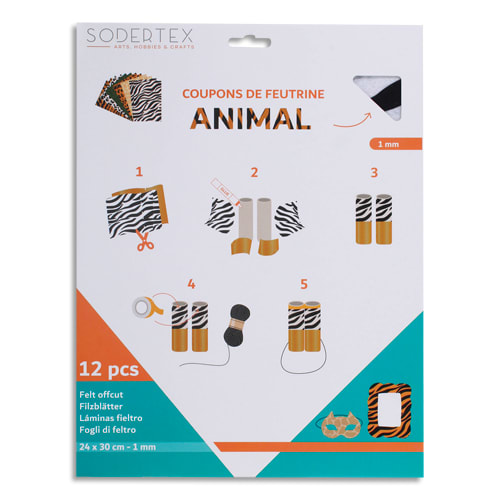 SODERTEX Lot de 12 coupons de feutrine imprimés 1 mm - 24 x 30 cm - Thème ANIMAL L173012 photo du produit Principale L