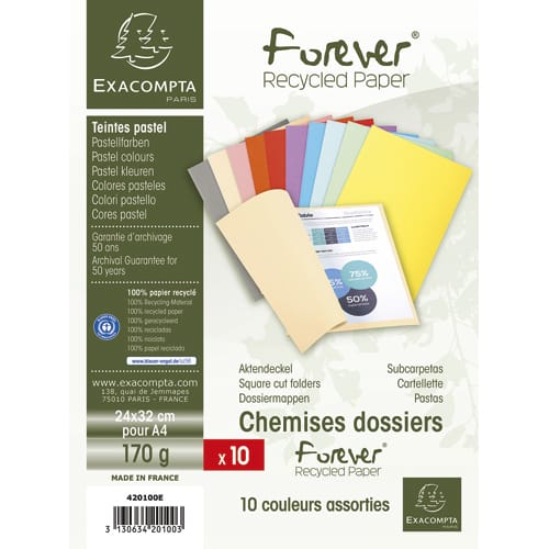 EXACOMPTA Paquet de 10 chemises FOREVER en carte 170g. Coloris assortis photo du produit