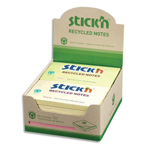 STICK'N Lot de 12 blocs de 100 feuilles recyclés repositionnables. 76x127 mm. Couleurs pastels. photo du produit Principale L