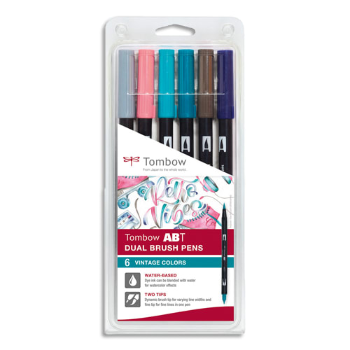 TOMBOW Set de 6 Feutres-pinceau ABT Dual Brush Pen assortis Vintage, encre  à base d'eau, aquarellables