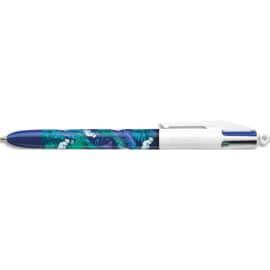 BIC Stylo bille rétractable 4 Couleurs. Corps décoré d'un design botanique feuills verte, bleue et blanc photo du produit