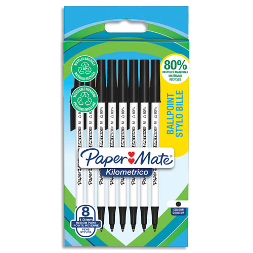 PAPERMATE Sachet de 8 stylos à bille KILOMETRICO™ à capuchon, recyclé à 80%. Pointe moyenne 1.0 mm - noir photo du produit Principale L