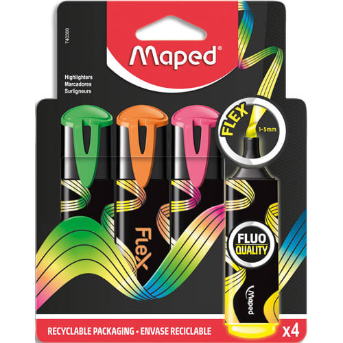 MAPED Etui carton de4 surligneurs FLEX. Pointe douce et flexible. Couleurs jaune, vert, rose, orange photo du produit Principale L