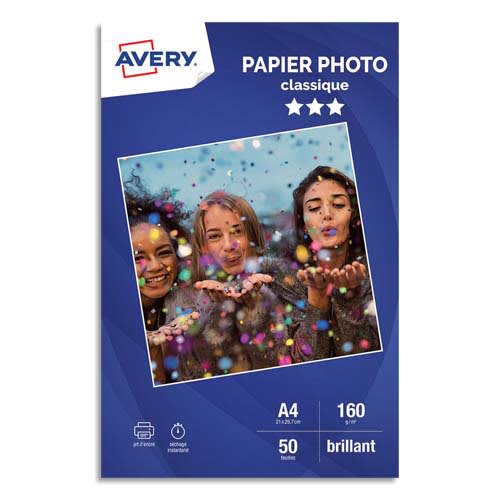 AVERY Boîte de 50 feuilles de papier photo brillant A4, Jet d'encre, 160 g photo du produit Principale L