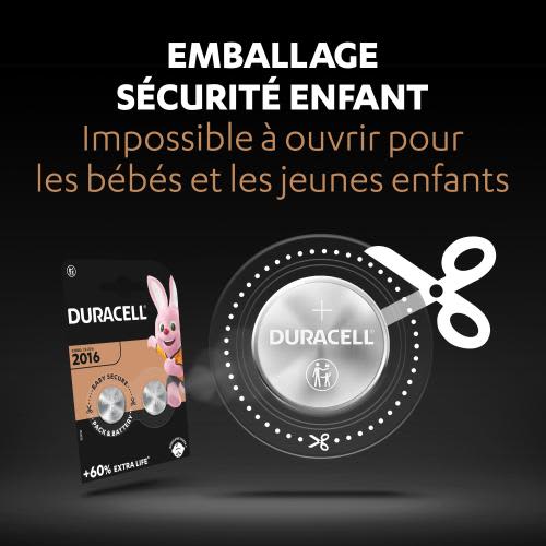 DURACELL Piles boutons lithium spéciales 2016 3V, lot de 2 (DL2016/CR2016) photo du produit Secondaire 1 L