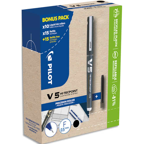 PILOT Greenpack de stylo encre liquide VBALL 05. Comprend 10 stylos + 10 Sets de 3 recharges. Noir photo du produit Principale L