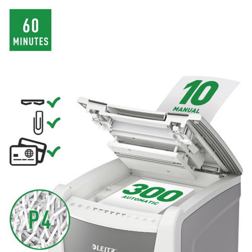 LEITZ Destructeur de documents IQ Auto+ Office 300 P-4 coupe croisée, 4x28mm, 300 feuilles, 60 L 80150000 photo du produit Secondaire 1 L