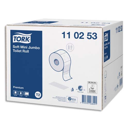 TORK Colis de 12 Bobines Papier toilette Mini Jumbo Premium doux 2 plis L170 m x D18 cm Blanc logo Bleu photo du produit Principale L