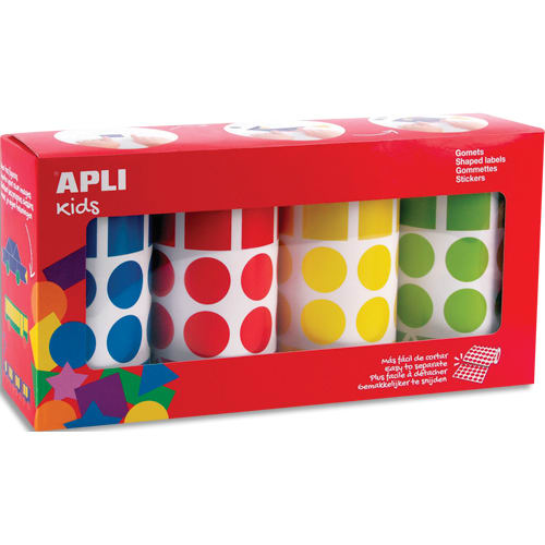 APLI KIDS Boîte de 4 rouleaux de gommettes (8260 u) géométrique 20mm, couleurs ass (jne, bl, rge, vrt) photo du produit Principale L