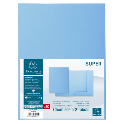 EXACOMPTA Paquet 50 chemises 2 rabats carte 210g SUPER 250. Coloris Bleu clair photo du produit Secondaire 2 L