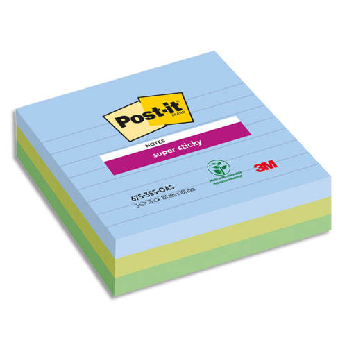 POST-IT® Notes Super Sticky Grand Format Lignées Oasis. 101 x 101 mm. 3 blocs, 70 F. Ass : bleu et vert. photo du produit Principale L