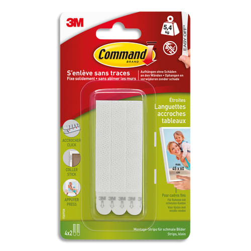 COMMAND Blister de 8 Languettes fixation Command™ cadres à bords étroits modèle fin Blanc Poids max 5,4Kg photo du produit