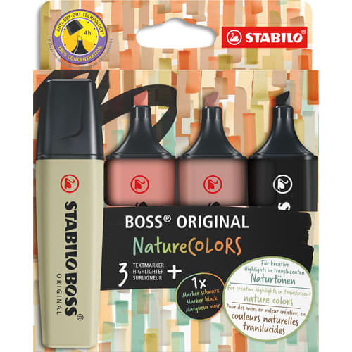 STABILO Etui carton 4 Surligneurs Boss Original Nature. Marron glacé, orange rouille, vert tilleul, noir photo du produit Principale L