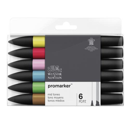 WINSOR & NEWTON Set 6 marqueurs double pointe PROMARKER. A base d'alcool. Tons moyens assortis photo du produit Principale L