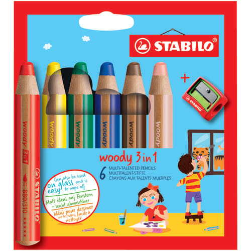 STABILO woody 3in1 crayon de couleur - Etui carton de 6 crayons multi-surfaces - Coloris assortis photo du produit