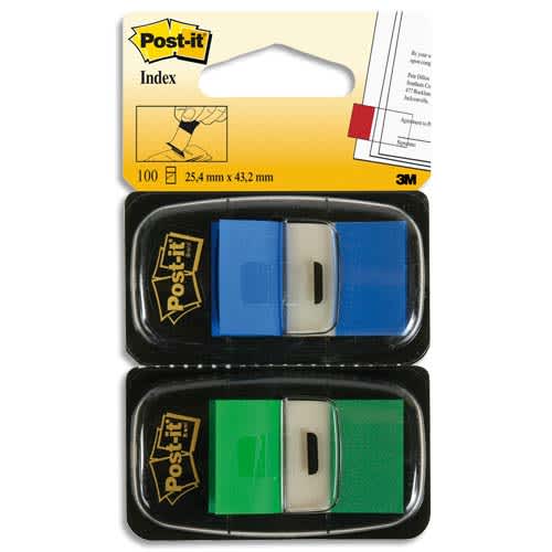 POST-IT Blister de 2 cartes de 50 marque-pages standards 2,54 x 4,4 cm Bleu et Vert photo du produit