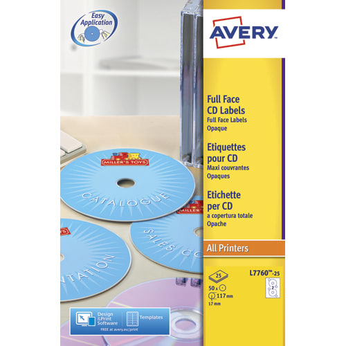 AVERY Boîte de 50 étiquettes Laser couleur pour CD et DVD L7760-25 photo du produit Principale L