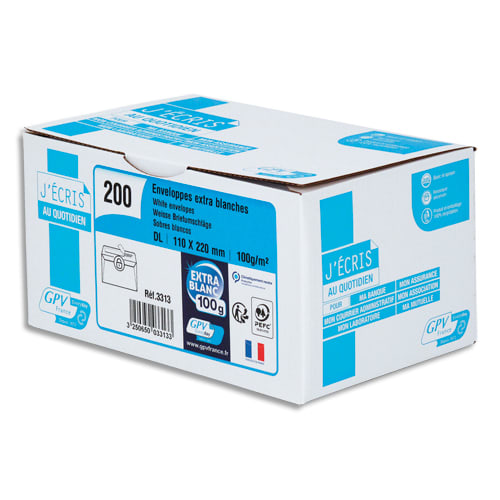 GPV Boîte de 200 enveloppes DL 110x220mm 100g Blanches auto-adhésives PEFC photo du produit Principale L