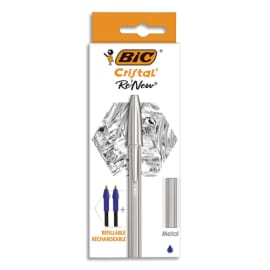 BIC Cristal Re'New Stylo-Bille Pointe Moyenne Corps Argenté + Cartouches d'Encre Rechargeables Bleu x1+2 photo du produit