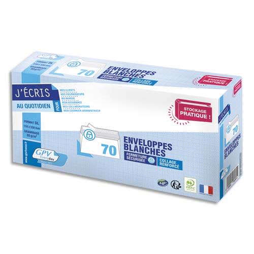 GPV Paquet de 70 enveloppes Blanches auto-adhésives, format DL 110x200mm 80g NF PEFC photo du produit Principale L