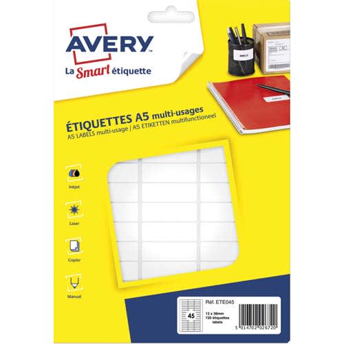 AVERY Sachet de 720 étiquettes multi-usage Blanches 12,8 x 38 mm. Planche format A5. ETE045 photo du produit Principale L