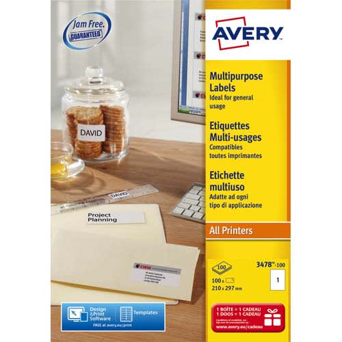 AVERY Boîte de 100 étiquettes Blanches multi-usages 210x297mm - pour Laser. Jet d'encre et copieur photo du produit Principale L