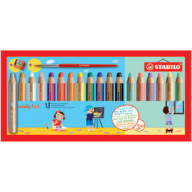 STABILO woody 3in1 crayon de couleur - Etui de 18 crayons (dont 6 pastel) + taille-crayon + pinceau rond photo du produit