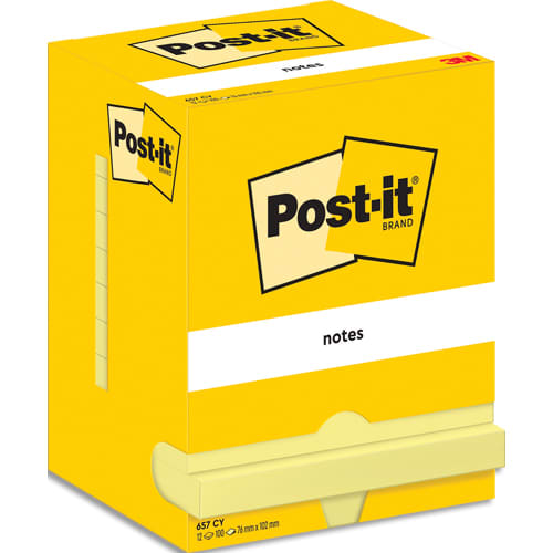 POST-IT Lot de 12 blocs repositionnables 657CY 100 feuilles. Format 7,6 x 10,2cm. Coloris Jaune photo du produit