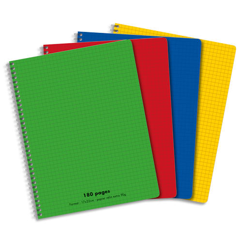 Cahier spirale 17x22cm 180 pages petits carreaux 5x5 90g. Couverture  polypro assortie