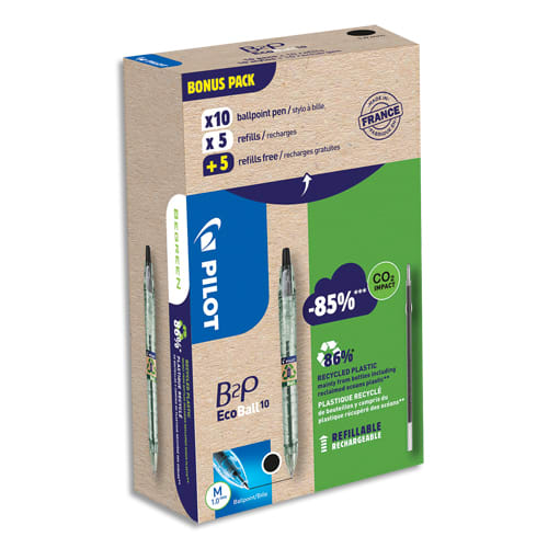 PILOT Greenpack ECOBALL de 10 stylos bille + 10 recharges dont 50% gratuite. Encre Noir - 0,7mm. BEGREEN photo du produit Principale L