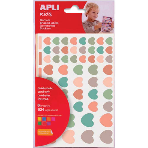 APLI KIDS Pochette de 6 feuilles (624 u) de gommettes enlevables forme cœur, couleurs nordik assorties photo du produit Principale L