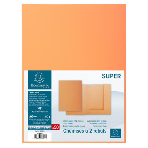 EXACOMPTA Paquet 50 chemises 2 rabats carte 210g SUPER 250. Coloris Orange photo du produit Secondaire 2 L