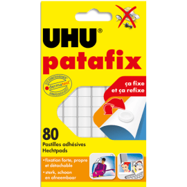 UHU Etui de 6 bandes prédécoupées de 80 pastilles Patafix blanche. Repositionnable à volonté. photo du produit