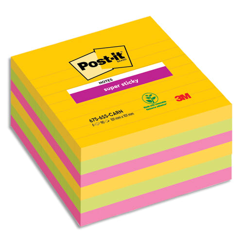 POST-IT Lot de 6 blocs 90F Super Sticky CARNIVAL lignées 101x101 mm, Jaune néon, Fuchsia, méditerranée photo du produit