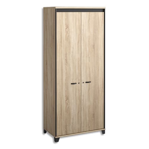 GAUTIER Armoire 2 portes battantes à serrure, 3 étagères, L80 x H187 x P46. Finition Chêne sonoma-Noir photo du produit Principale L