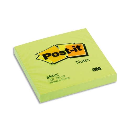 POST-IT Bloc néon repositionnable de 100 feuilles 76 x 76 mm Vert 654NG photo du produit