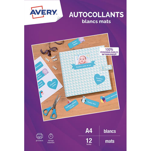 AVERY Sachet de 12 autocollants blancs mats A4. Impression jet d'encre photo du produit Principale L