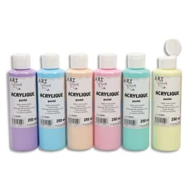 ART PLUS Lot de 6 flacons 250ml d'acrylique. Assortis pastel : Violet, Beige, Jaune, Bleu, Rose, Vert photo du produit