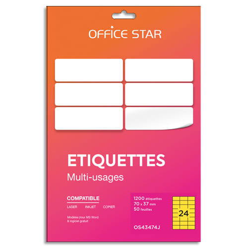 OFFICE STAR Boîte 1200 étiquettes adhésives multiusage format 70x37mm. Planche A4. Coloris jaune photo du produit Principale L