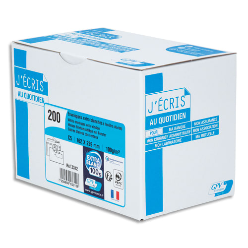 GPV Boîte de 200 enveloppes C5 162x229mm fenêtre 45x100mm 100g Blanches auto-adhésives PEFC photo du produit Principale L