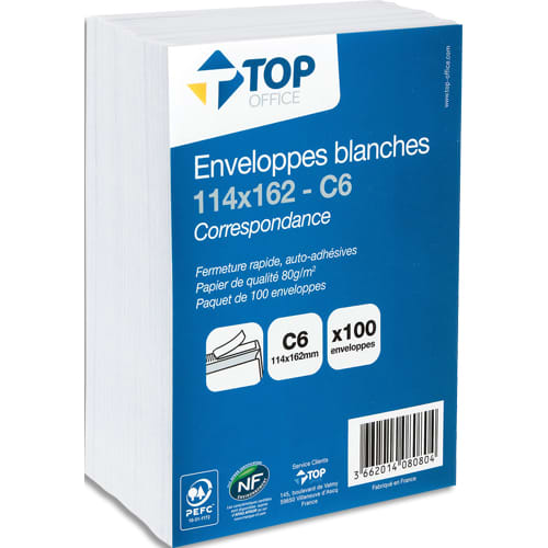 TOP OFFICE Paquet de 100 enveloppes blanches C6 114x162mm 80g autoadhésives photo du produit Principale L