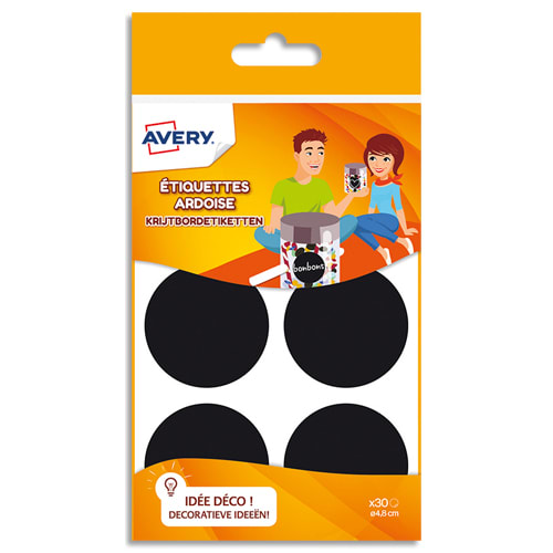 AVERY Sachet de 30 étiquettes ardoises noires diamètre 4,8cm. Pour craie ou  marqueur craie