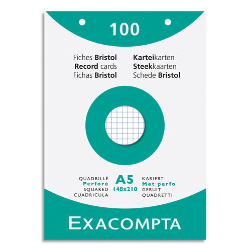 EXACOMPTA Etui de 100 fiches bristol perforées 148x210mm (A5) 5x5 Blanc photo du produit Principale L