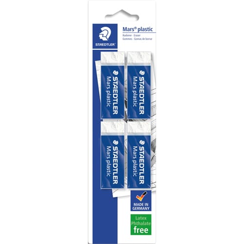 STAEDTLER Blister de 4 gommes MARS. Fourreau en carton. Sans phtalate et sans latex.Dimensions 65x23x13mm photo du produit Principale L