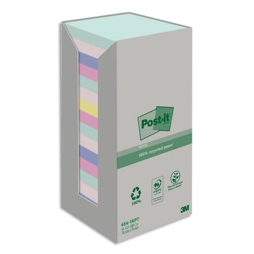 POST-IT® Notes Post-it Recyclées Nature. 76 x 76 mm. 16 blocs, 100 F. Ass : vert, rose, bleu, jaune. photo du produit