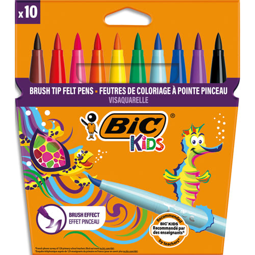 BIC KIDS Visaquarelle Feutres de Coloriage avec Pointe Pinceau - Couleurs Assorties, Etui Carton de 10 photo du produit