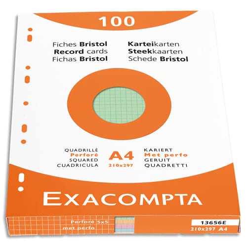 EXACOMPTA Étui de 100 fiches bristol perforées 210x297mm A4 quadrillées 5x5 assortis photo du produit Principale L