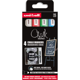 UNI-BALL Pochette 4 marqueurs craie CHALK. Pointe conique 1,8-2,5mm. Coloris Blanc,Vert Fluo,Rouge,Bleu photo du produit