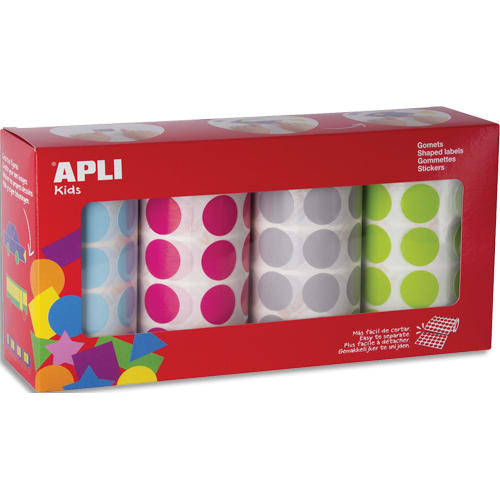 APLI KIDS Boîte de 4 rouleaux de gommettes rondes 20 mm (7 080 unités),  couleurs assorties